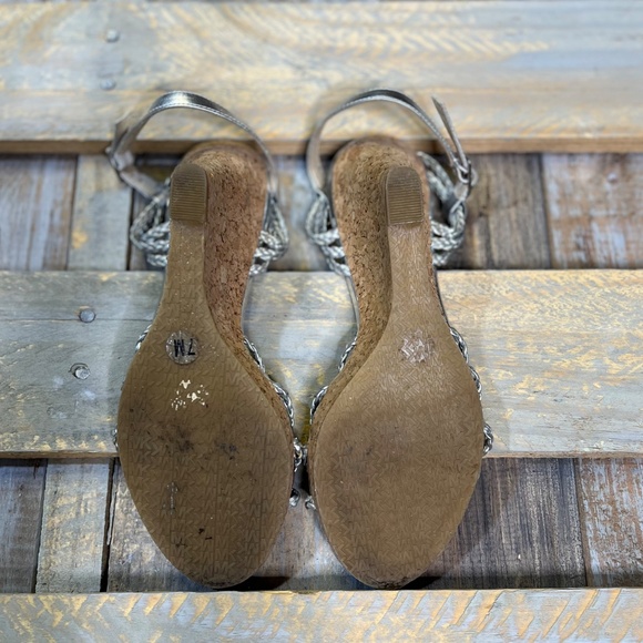 EUC [Michael Kors] Braided < Palm Beach > Silver Strappy Cork Wedge Sandals | 7 - Picture 9 of 13